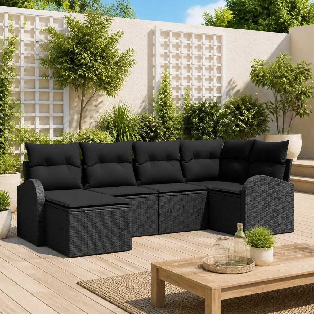 Outdoor Sofa Set Poly Rattan 6 Piece Black