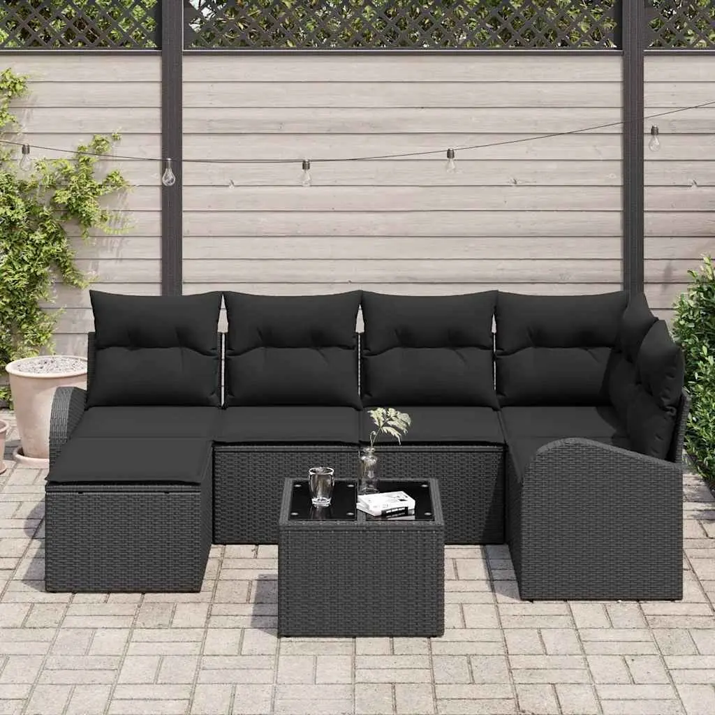 7-Piece Modular Black Poly Rattan Outdoor Sofa Set