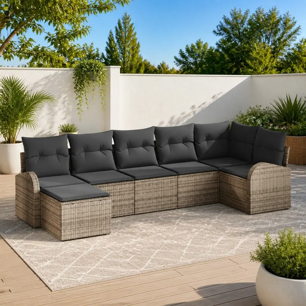 7-Piece Grey Poly Rattan Garden Sofa Set with Storage