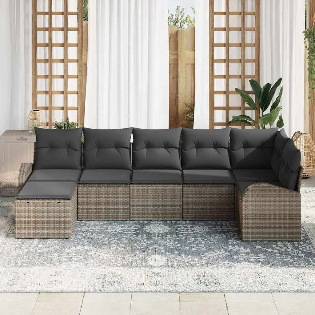 7-Piece Grey Poly Rattan Garden Sofa Set with Storage