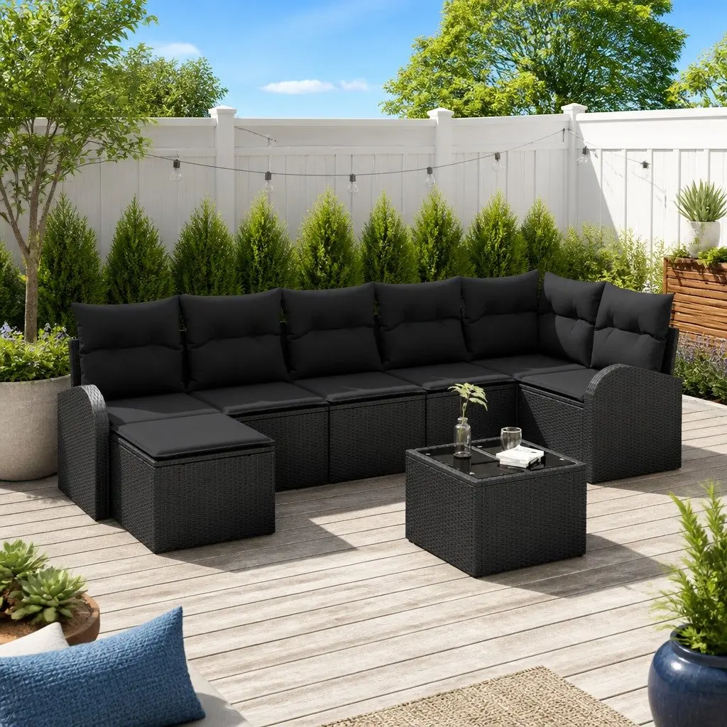 Modular 8-Piece Outdoor Sofa Set in Black Poly Rattan