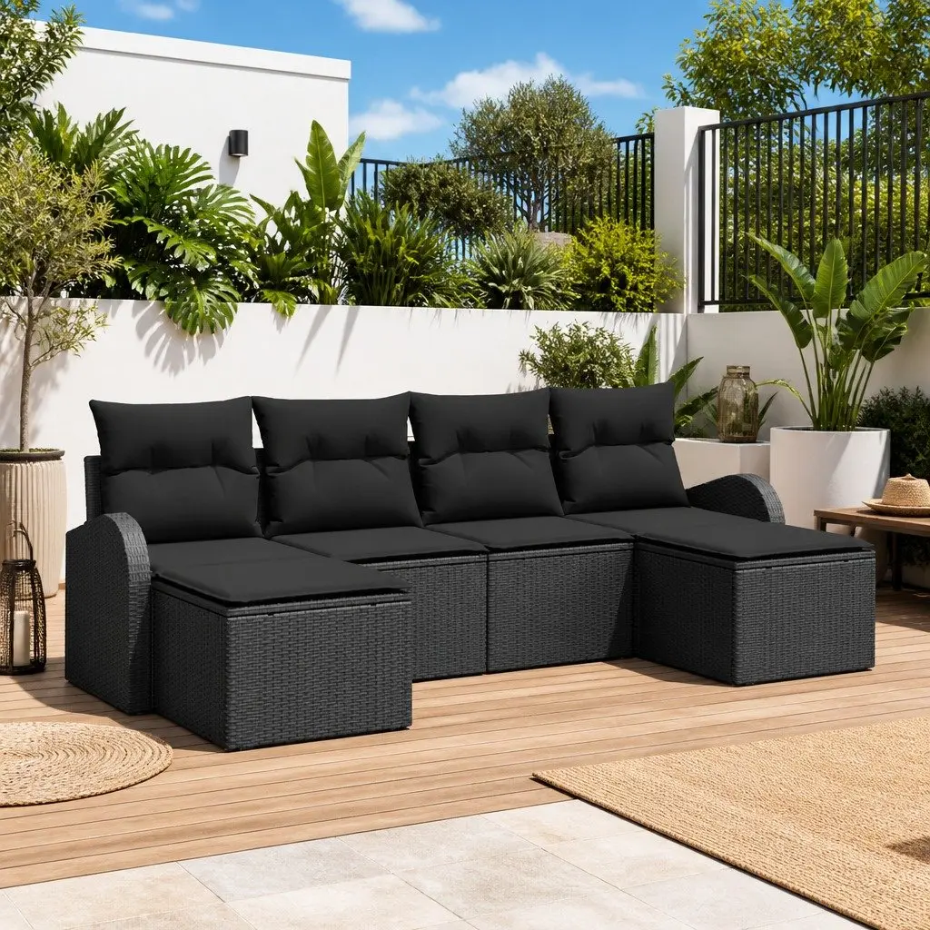 6-Piece Modular Black Poly Rattan Outdoor Sofa Set