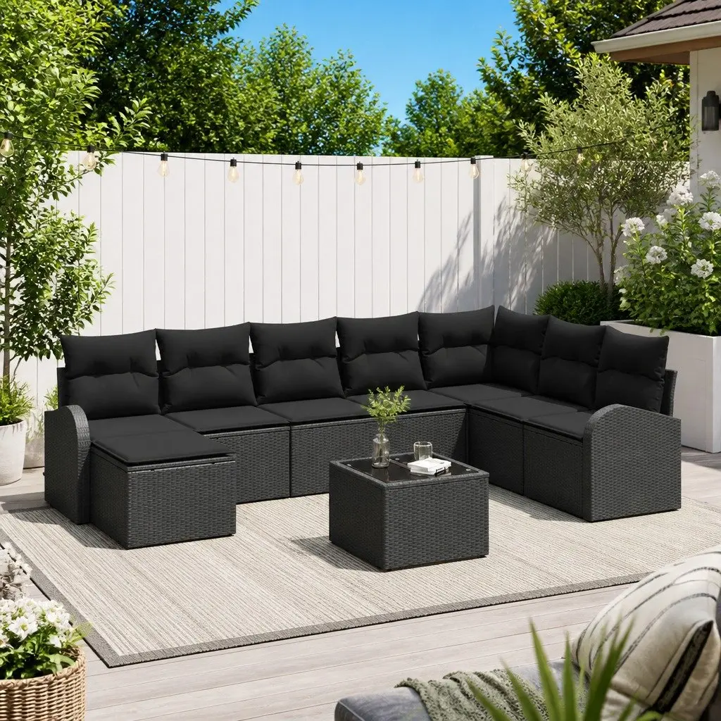 Black Poly Rattan 9-Piece Outdoor Sofa Set with Storage