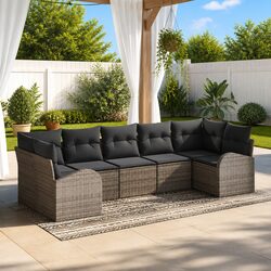 7-Piece Grey Poly Rattan Garden Sofa Set with Cushions