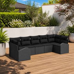 Durable 7-Piece Black Garden Sofa Set with Cushions