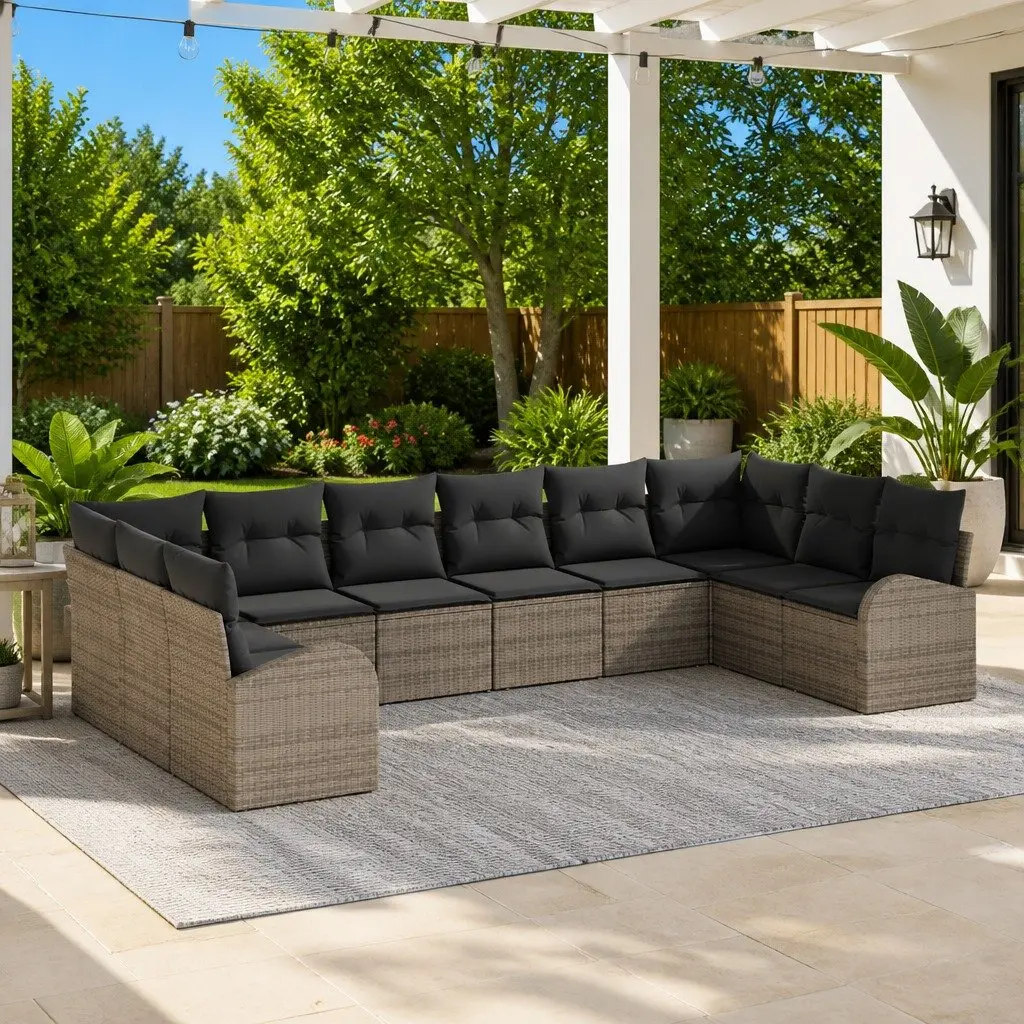 10-Piece Grey Poly Rattan Garden Sofa Set