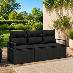 Stylish 3 Piece Black Poly Rattan Outdoor Sofa Set