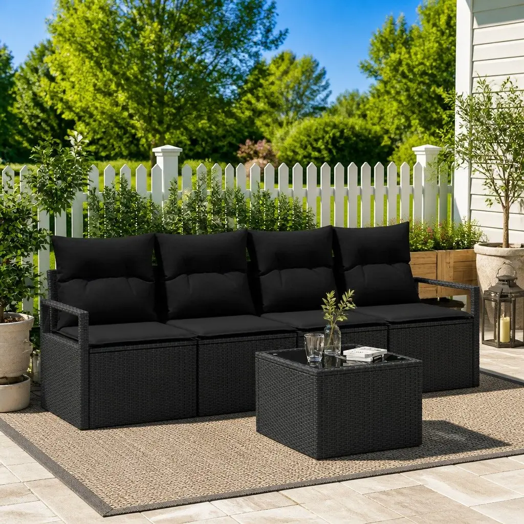 5-Piece Black Poly Rattan Outdoor Sofa Set with Storage