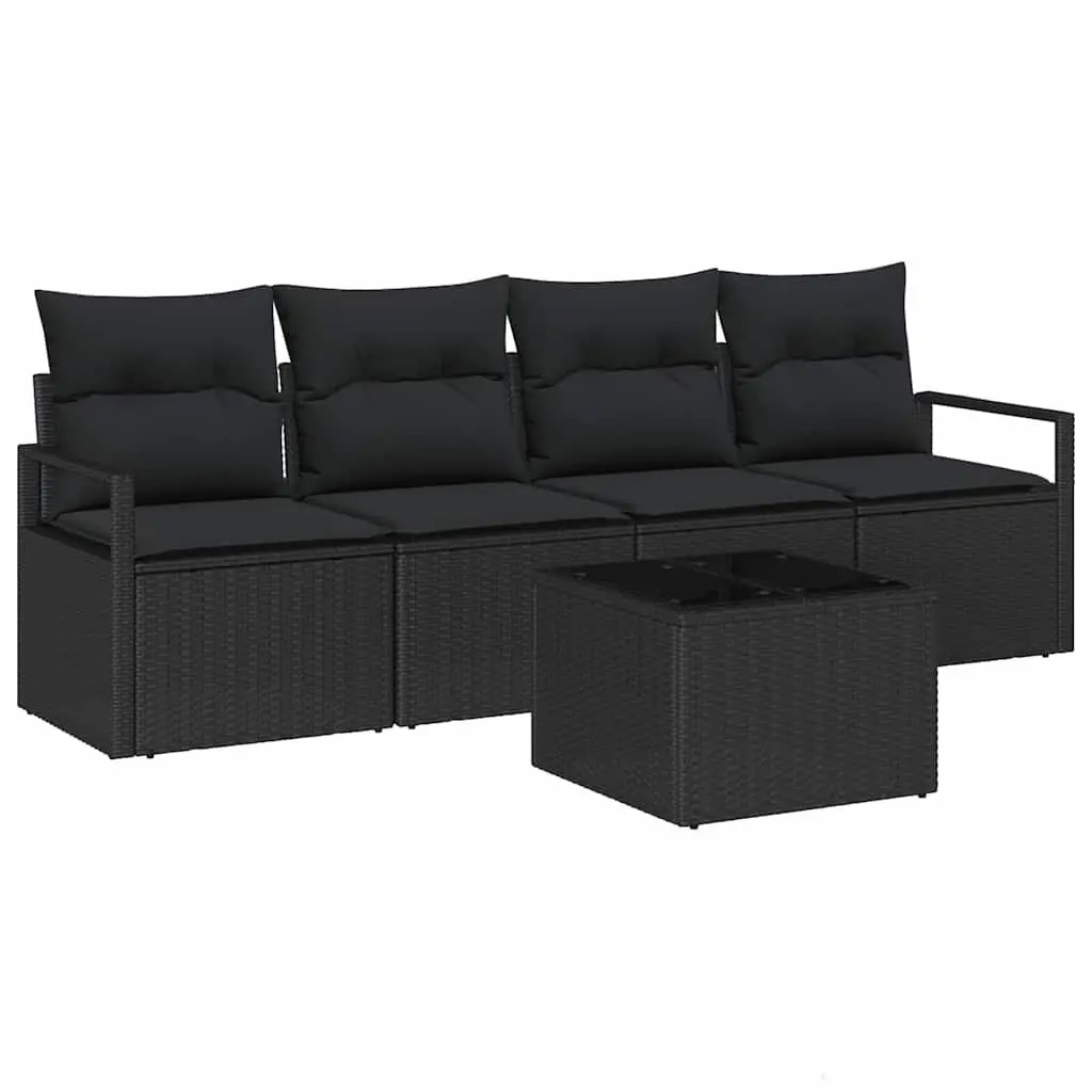 5-Piece Black Poly Rattan Outdoor Sofa Set with Storage