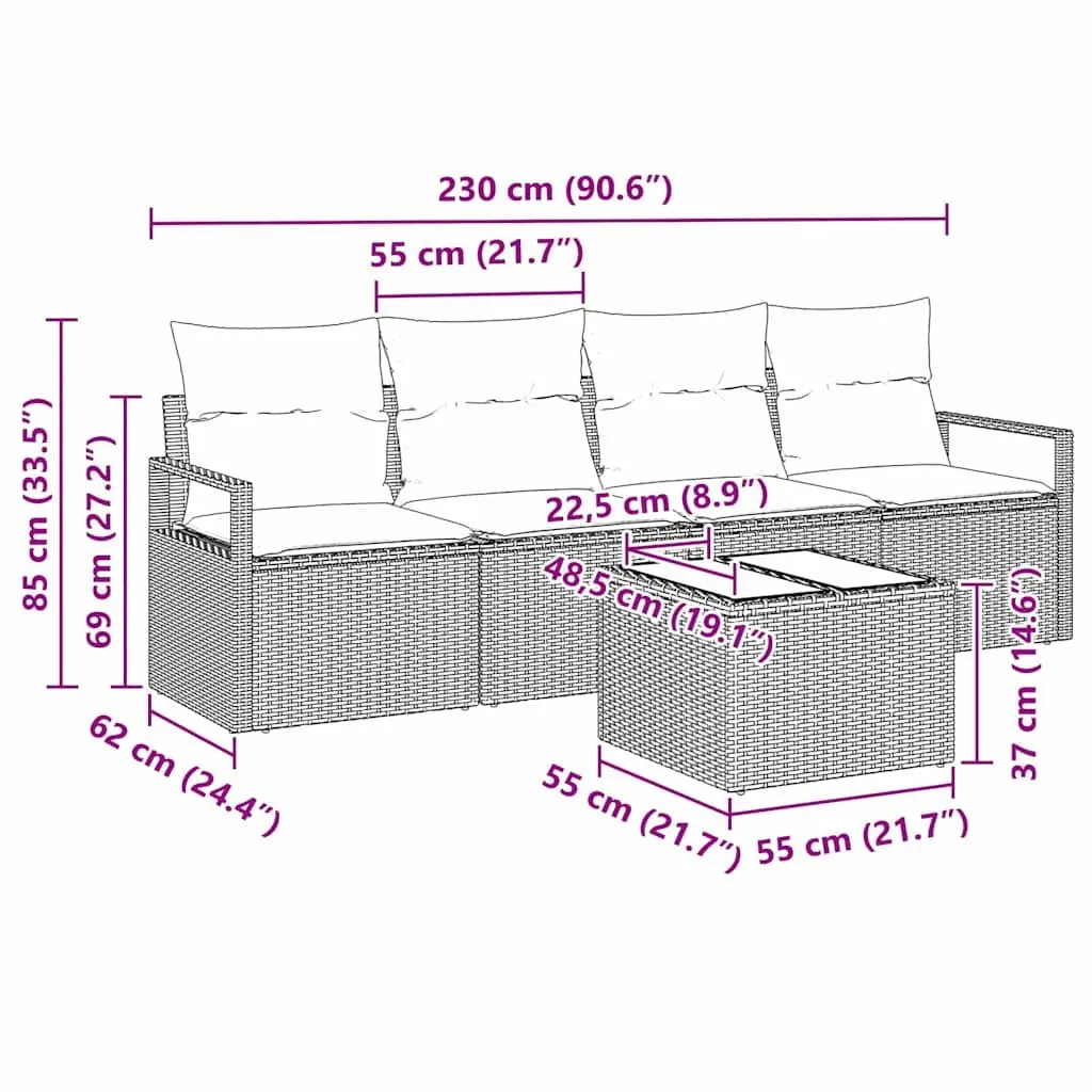 5-Piece Black Poly Rattan Outdoor Sofa Set with Storage