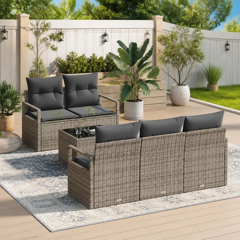 6-Piece Modular Grey Poly Rattan Outdoor Sofa Set