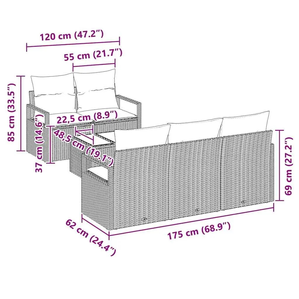 6-Piece Modular Grey Poly Rattan Outdoor Sofa Set