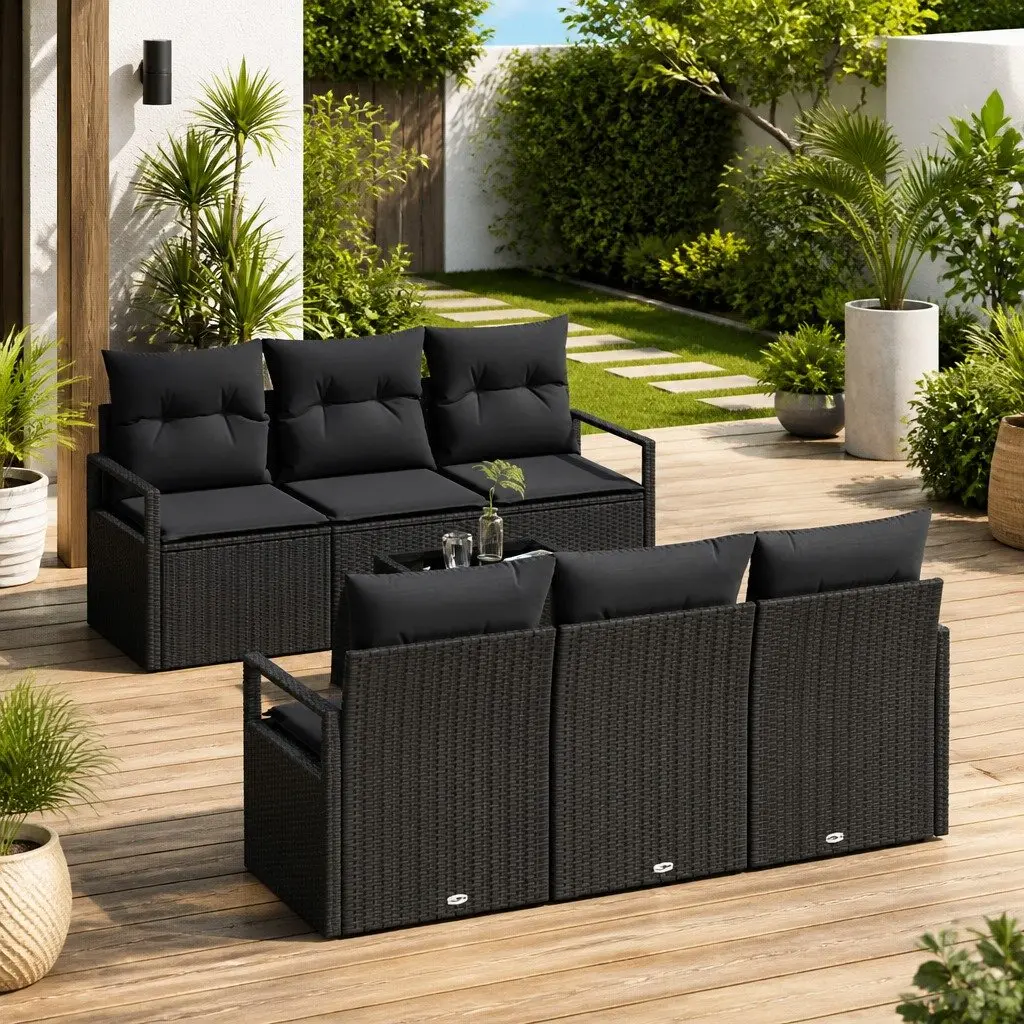 7-Piece Black Poly Rattan Outdoor Sofa Set