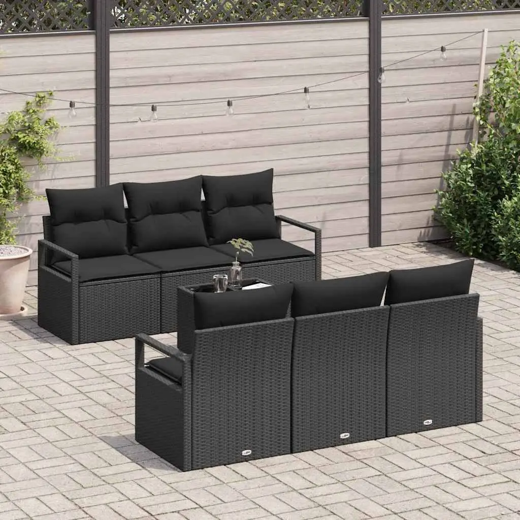 7-Piece Black Poly Rattan Outdoor Sofa Set