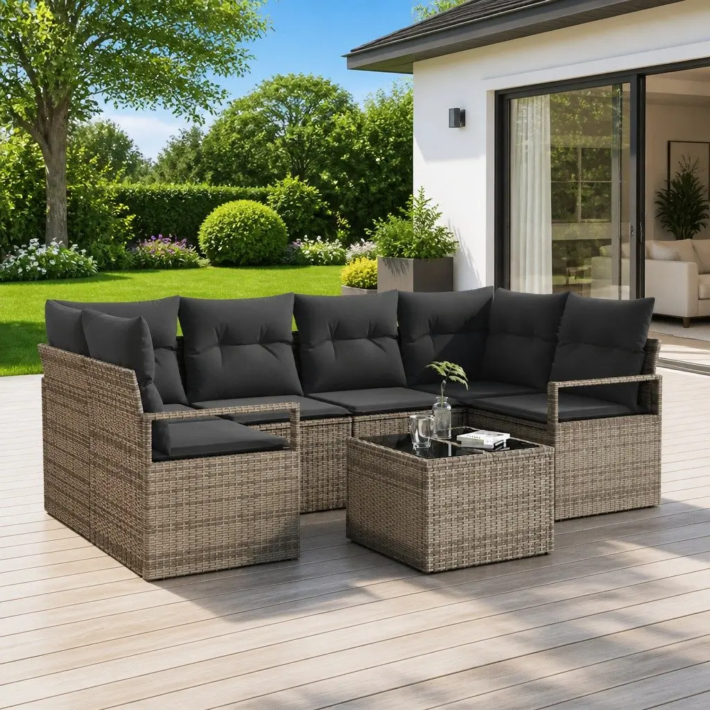 Modular Grey Patio Sofa Set 7 Pieces Poly Rattan Steel Glass Garden Outdoor