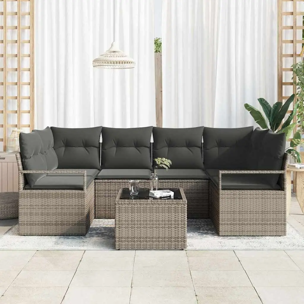Modular Grey Patio Sofa Set 7 Pieces Poly Rattan Steel Glass Garden Outdoor