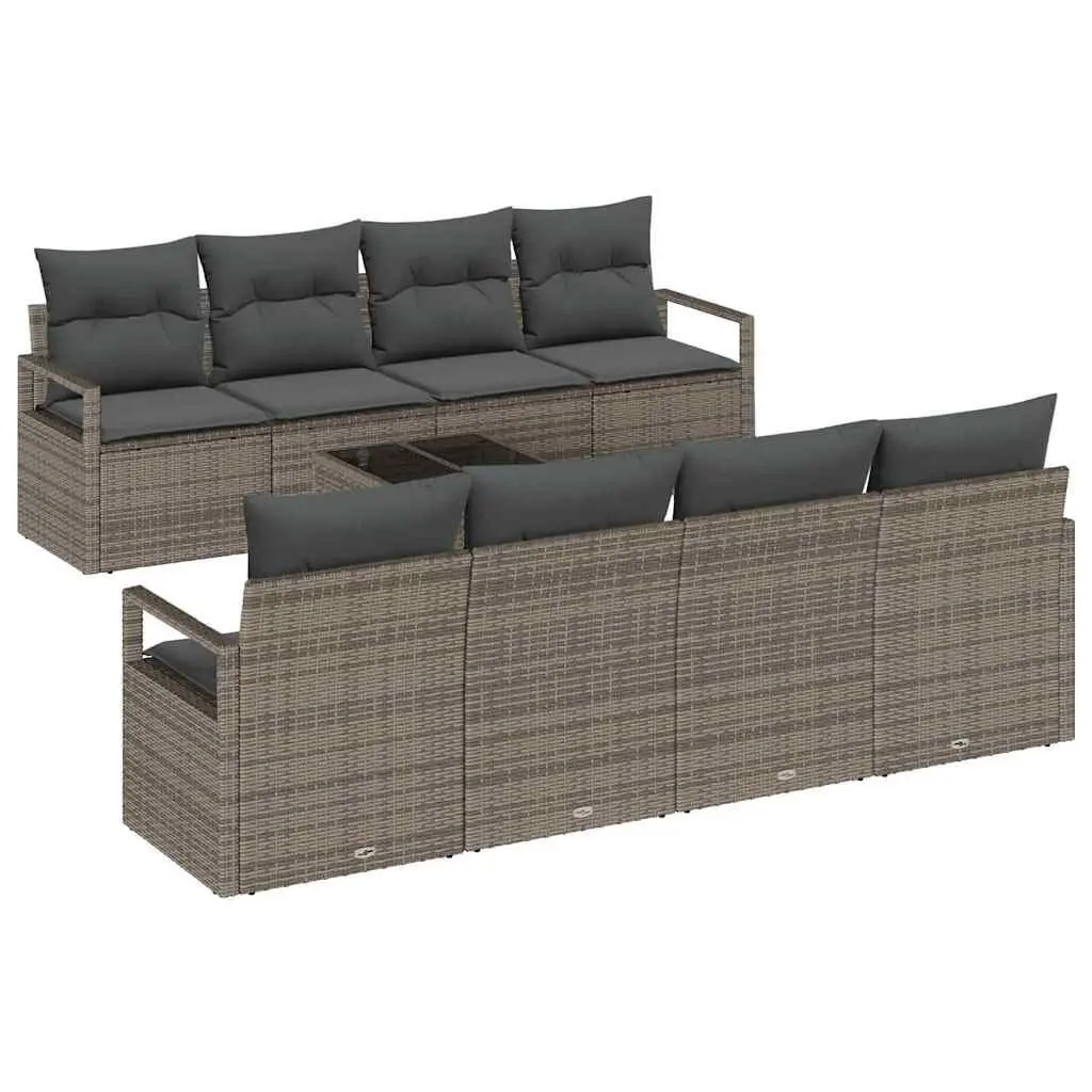 Garden Sofa Set Poly Rattan 9 Pieces Grey Modular Patio Seating with Glass Table