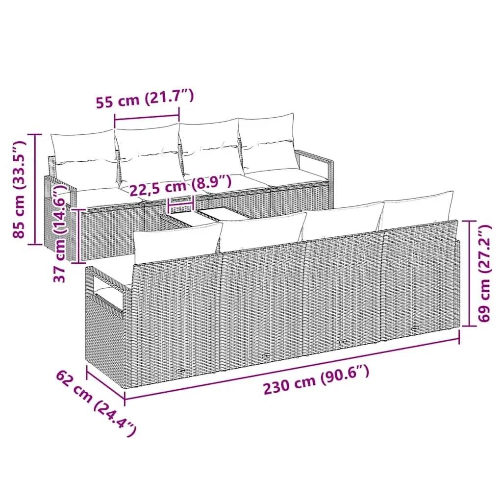 Garden Sofa Set Poly Rattan 9 Pieces Grey Modular Patio Seating with Glass Table
