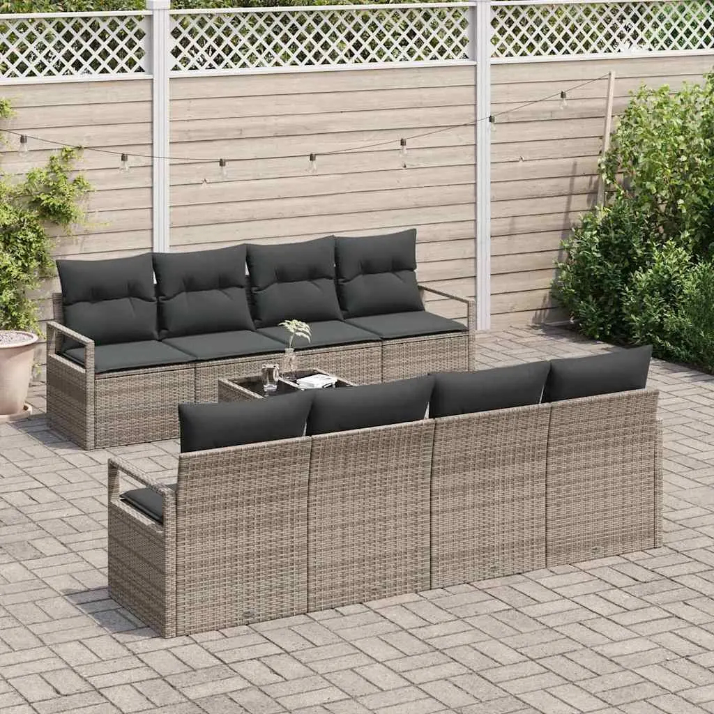 Garden Sofa Set Poly Rattan 9 Pieces Grey Modular Patio Seating with Glass Table