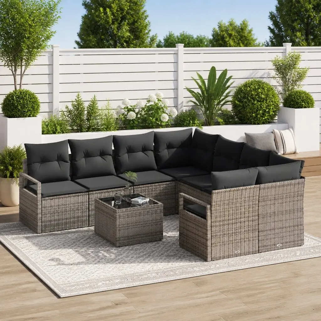 Outdoor Sofa Set Poly Rattan 9 Pieces Grey Garden Furniture with Cushions