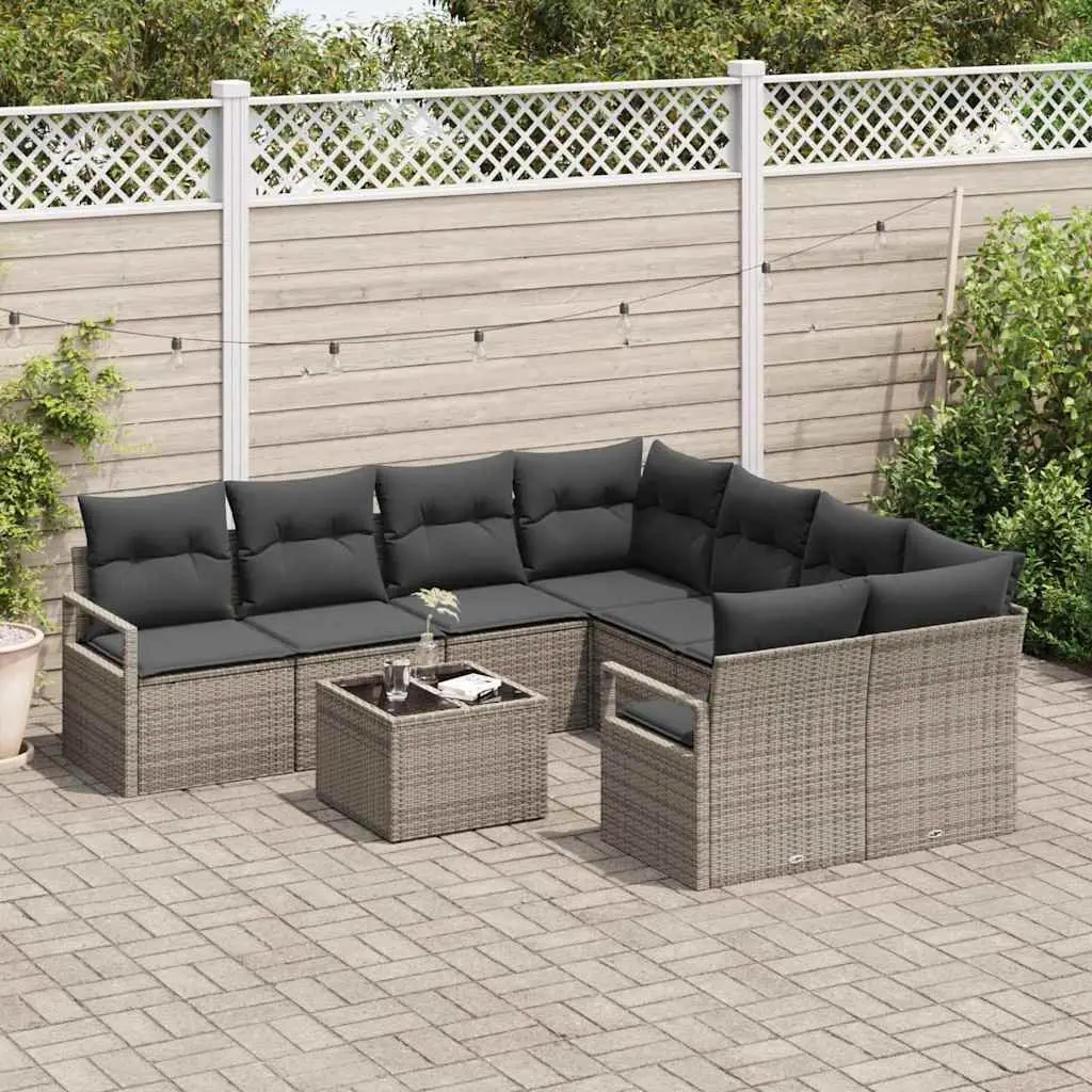 Outdoor Sofa Set Poly Rattan 9 Pieces Grey Garden Furniture with Cushions