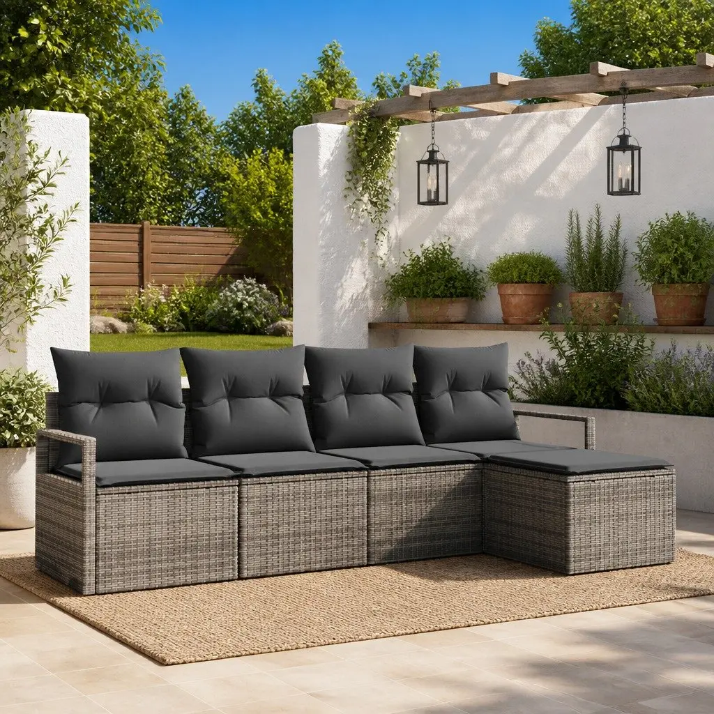 5-Piece Grey Poly Rattan Outdoor Sofa Set with Storage