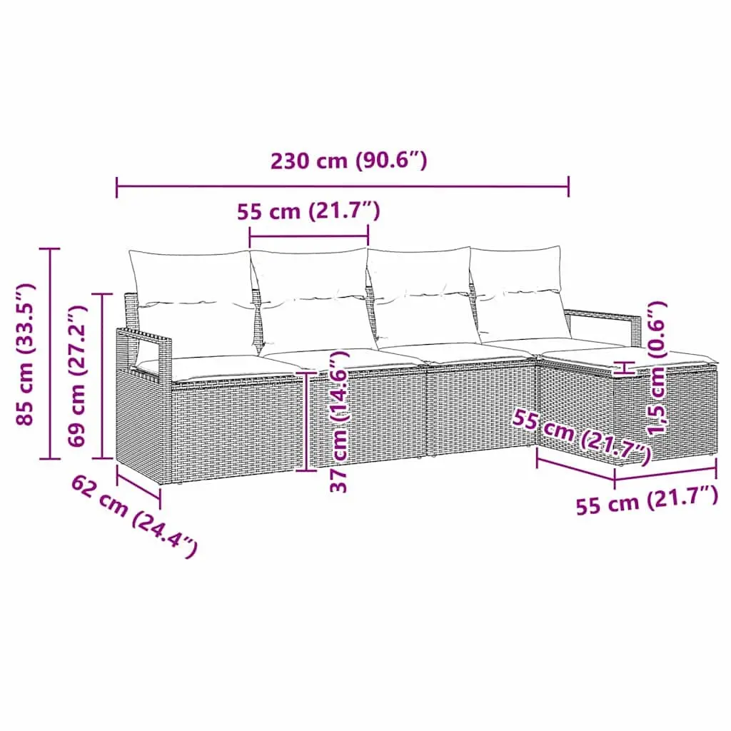 5-Piece Grey Poly Rattan Outdoor Sofa Set with Storage