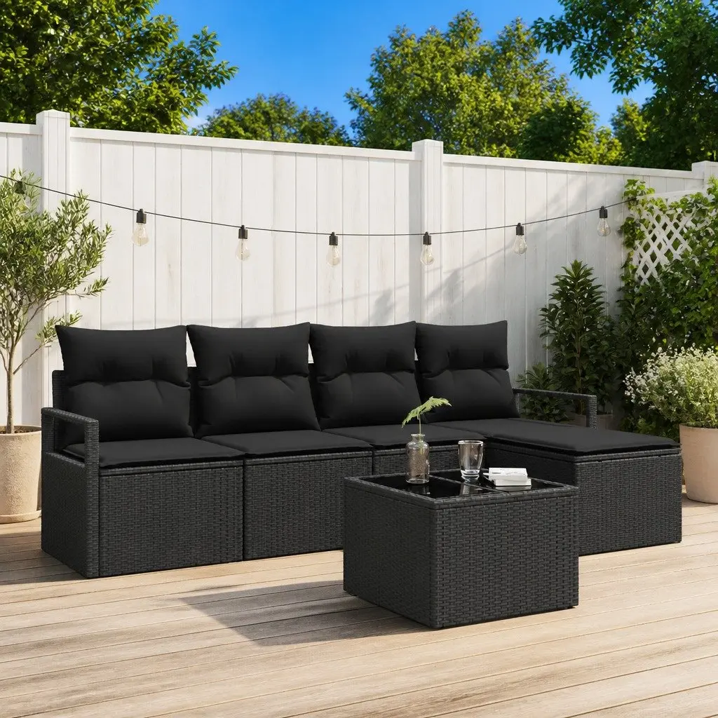 6-Piece Black Poly Rattan Garden Sofa Set with Storage