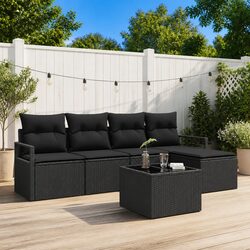 6-Piece Black Poly Rattan Garden Sofa Set with Storage
