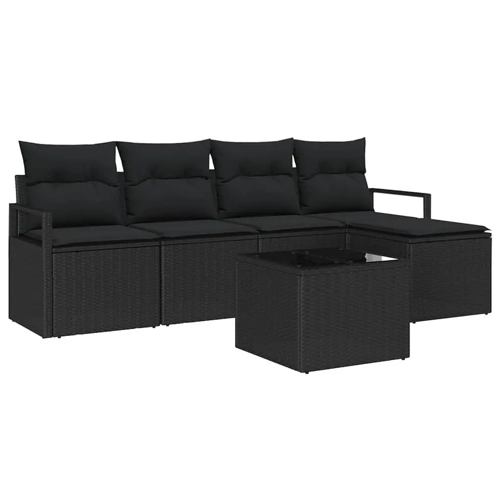 6-Piece Black Poly Rattan Garden Sofa Set with Storage