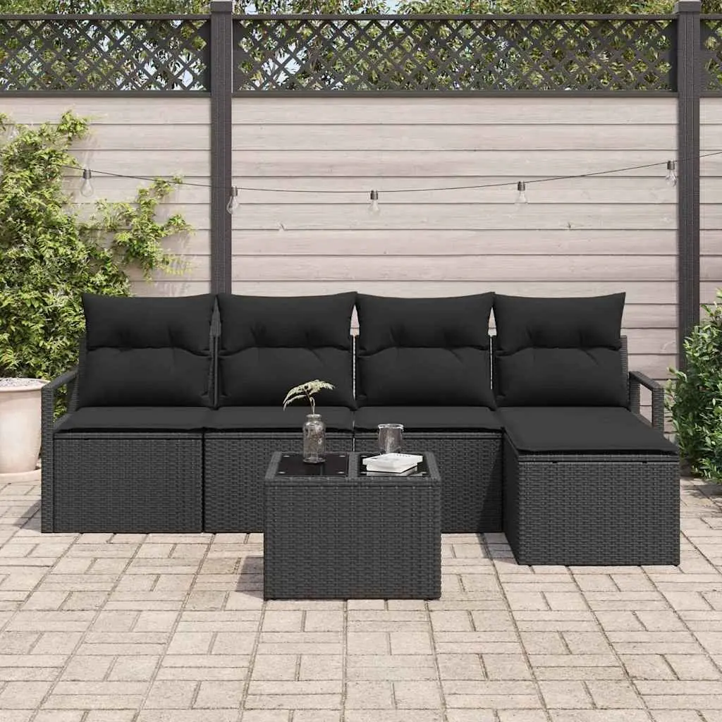 6-Piece Black Poly Rattan Garden Sofa Set with Storage
