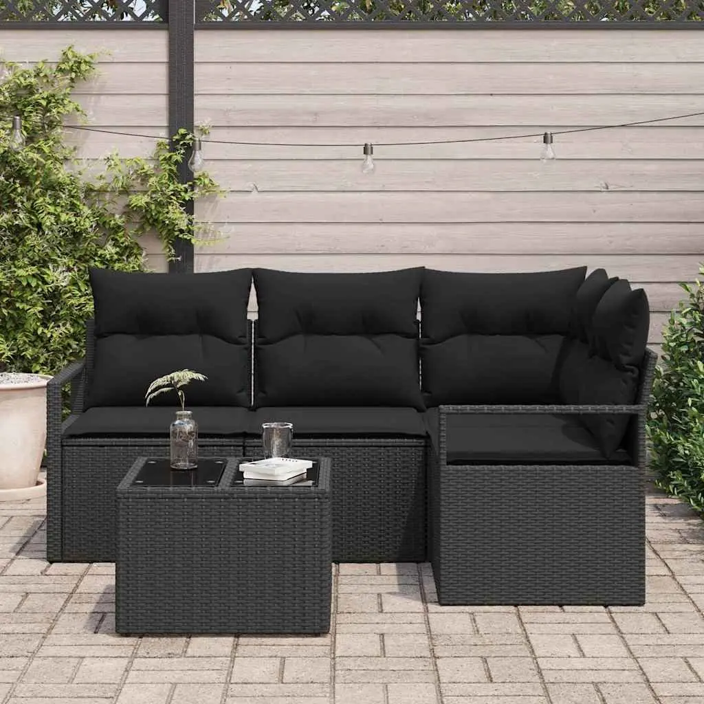 Outdoor Sofa Set Poly Rattan 5 Pieces Black Garden Seating with Storage Cushions