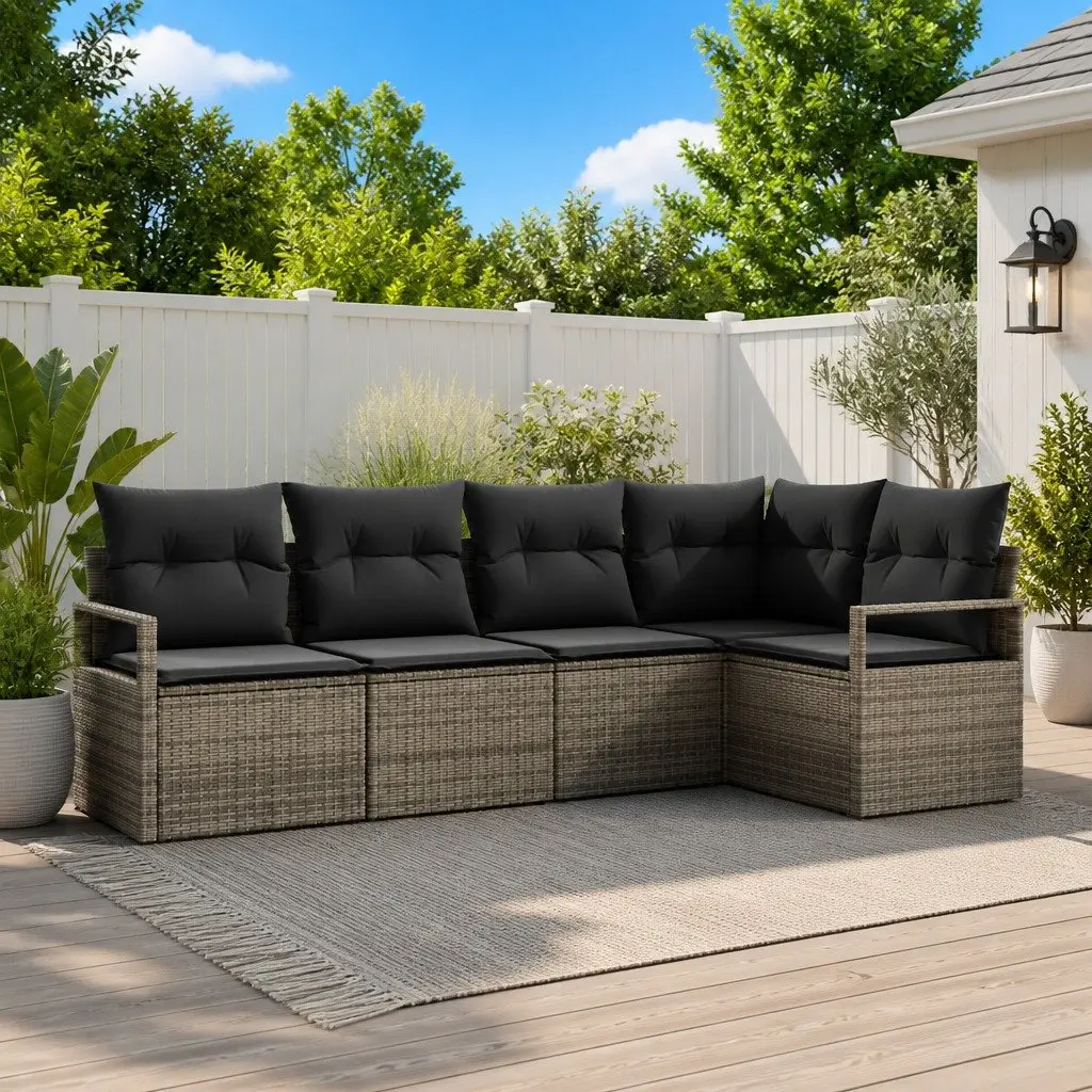 5 Piece Grey Poly Rattan Garden Sofa Set