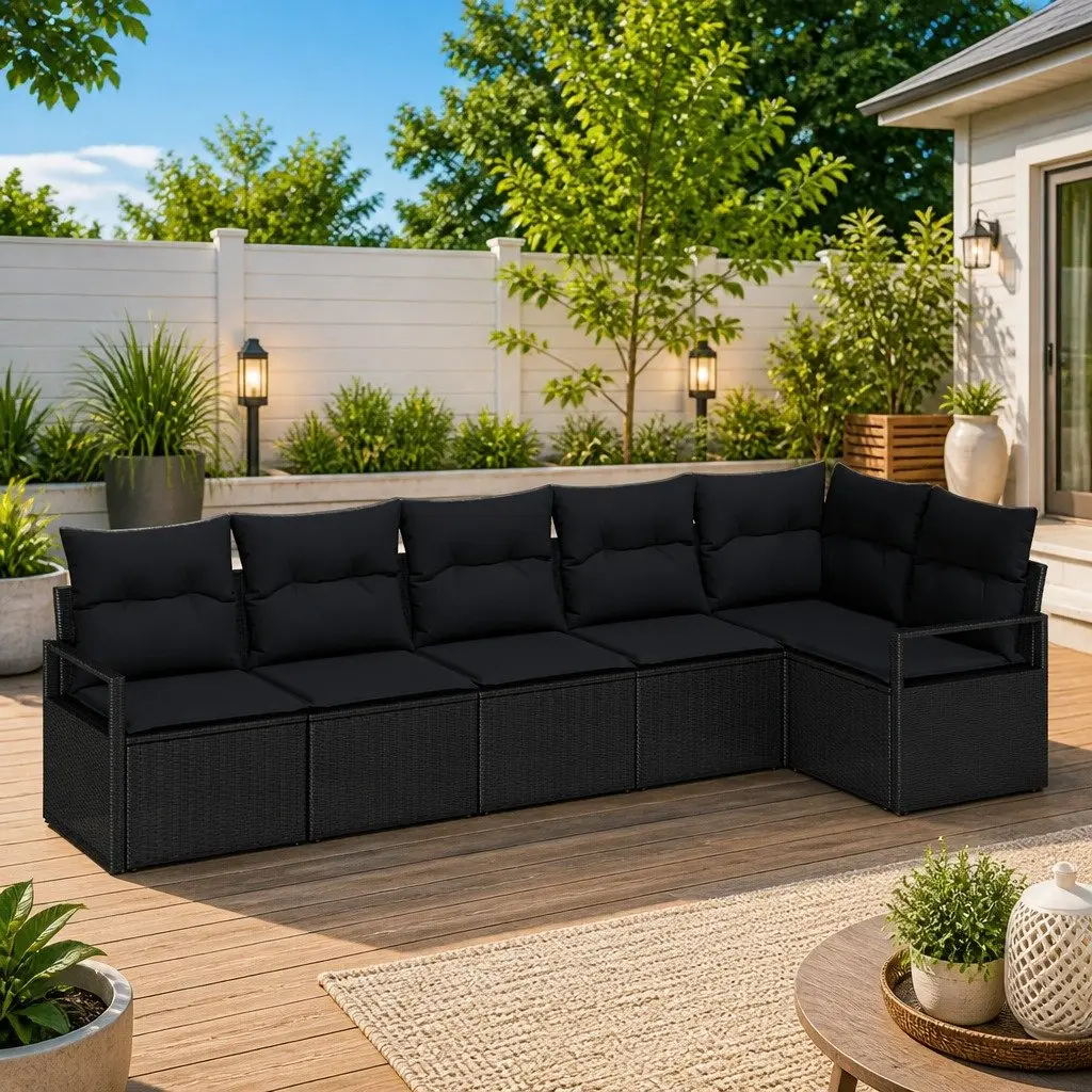Outdoor Sofa Set Poly Rattan 6 Pieces Black Modular Lounge Seating