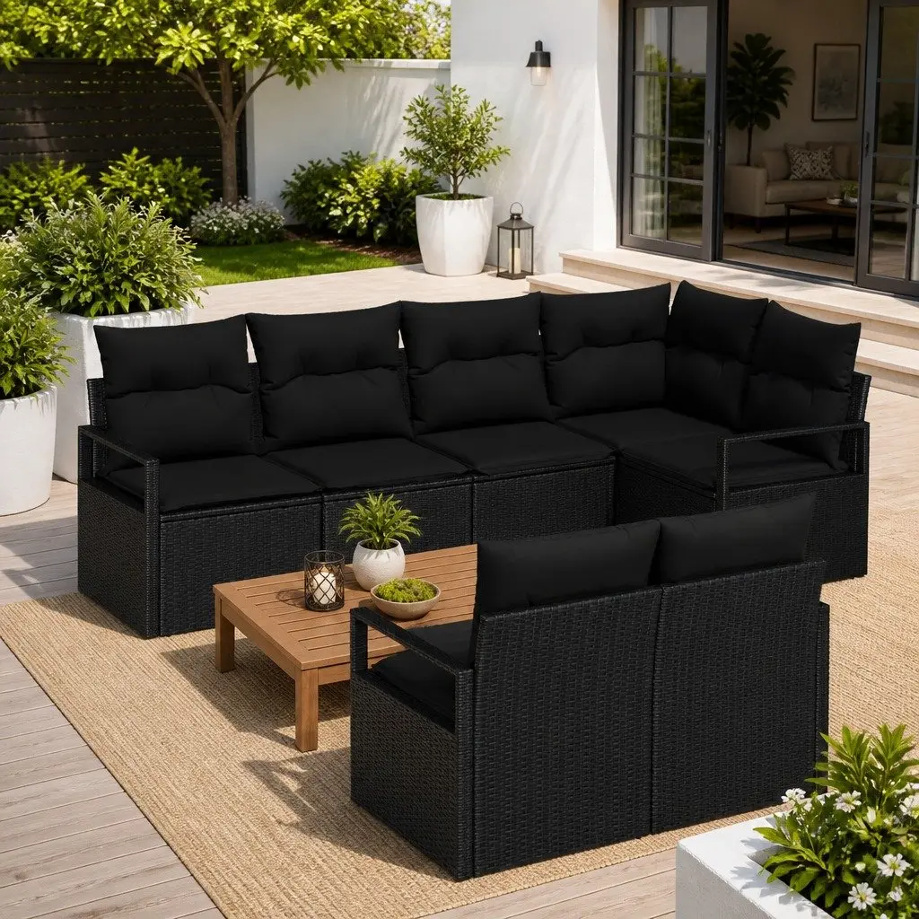 7-Piece Outdoor Sofa Set in Black with Cushions