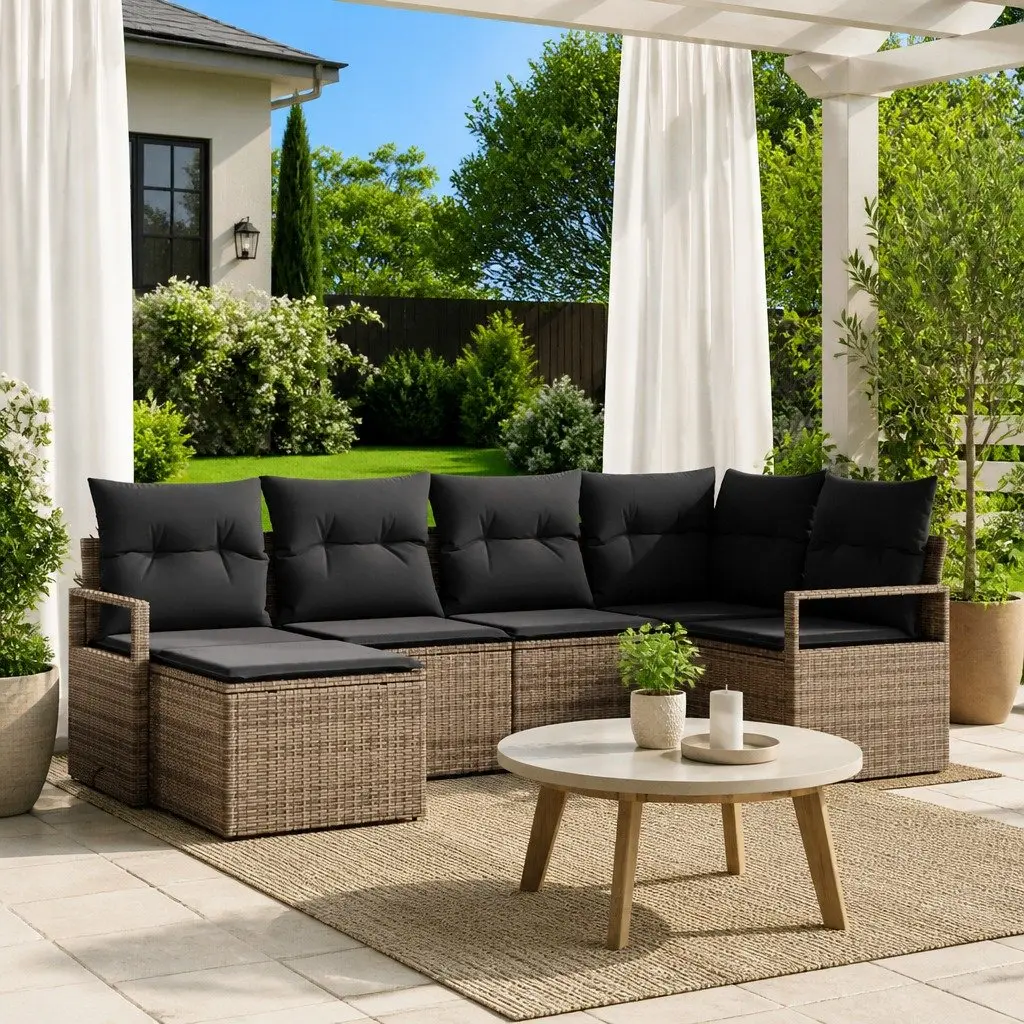 6-Piece Modular Grey Poly Rattan Outdoor Sofa Set