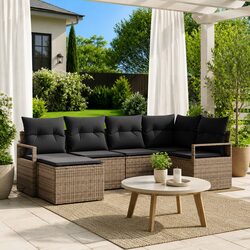 6-Piece Modular Grey Poly Rattan Outdoor Sofa Set