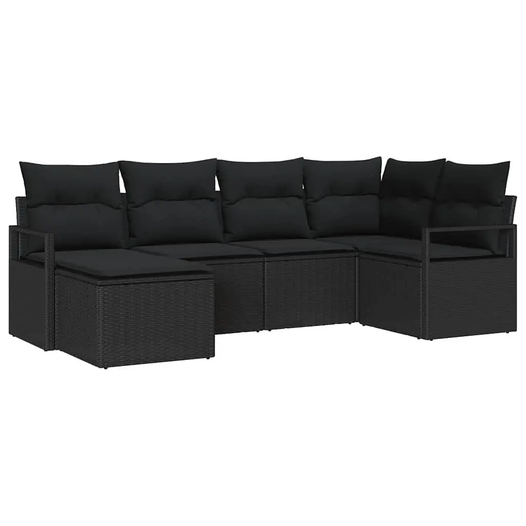 Black Poly Rattan Outdoor Sofa Set 6 Pieces with Storage