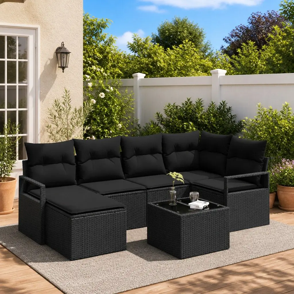 7-Piece Black Modular Outdoor Sofa Set with Storage