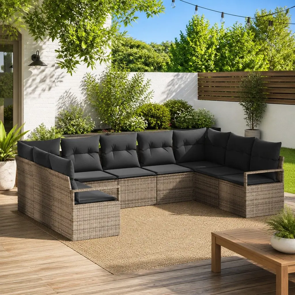 9-Piece Grey Poly Rattan Garden Sofa Set