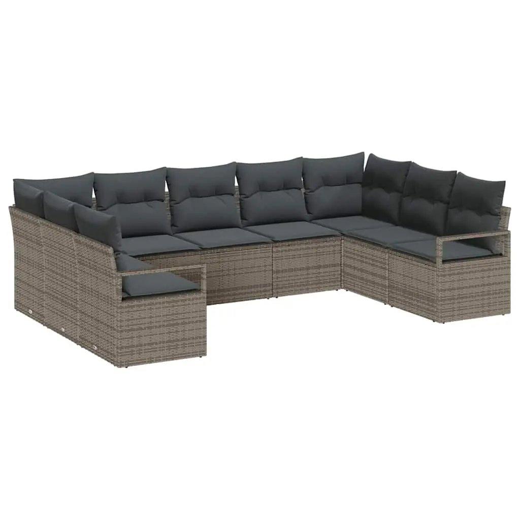 9-Piece Grey Poly Rattan Garden Sofa Set