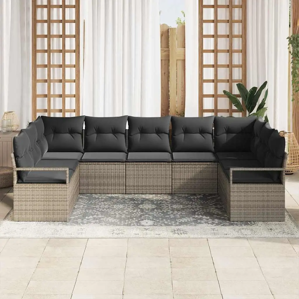 9-Piece Grey Poly Rattan Garden Sofa Set