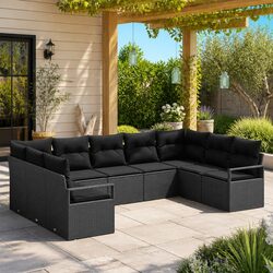 9 Piece Black Poly Rattan Outdoor Sofa Set with Cushions