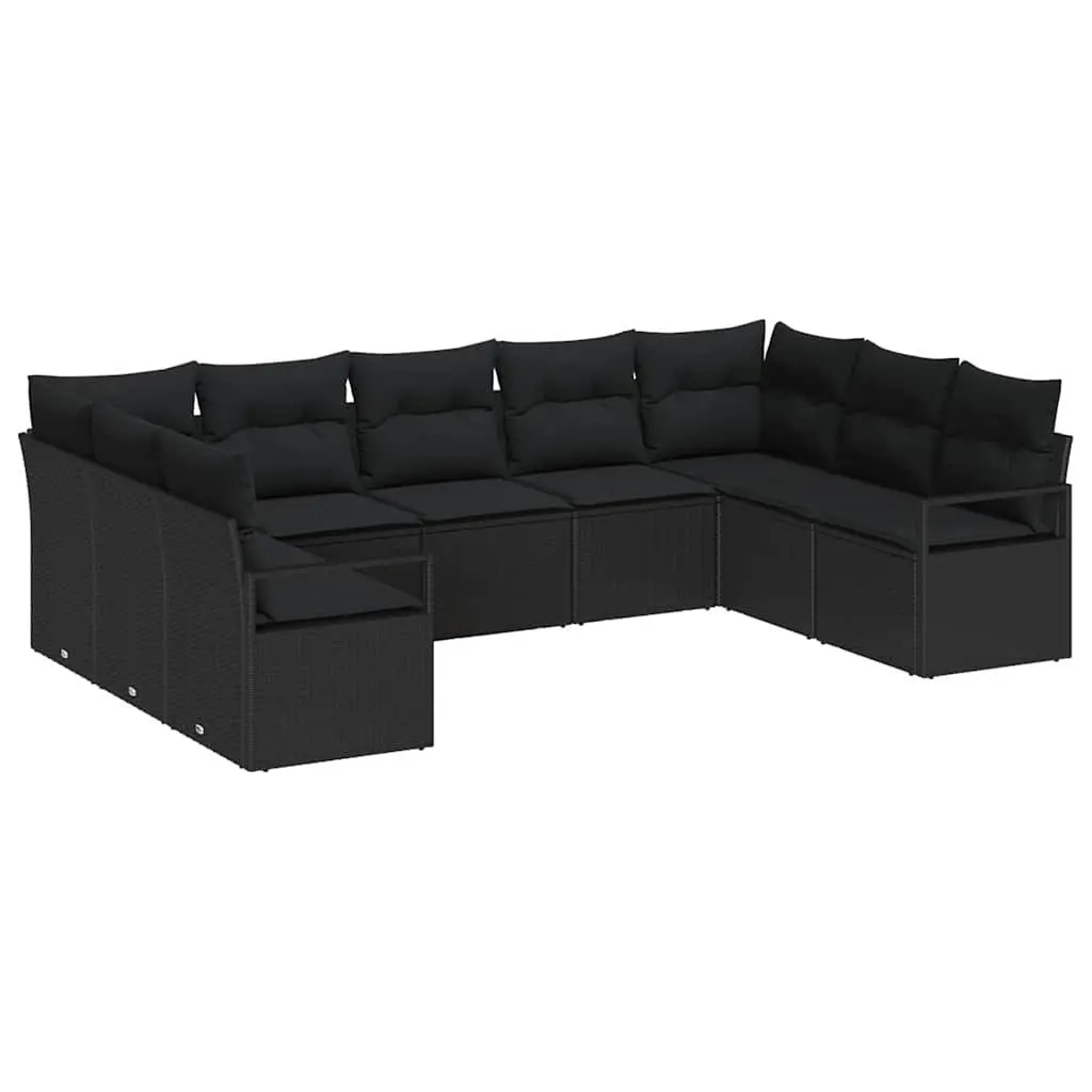 9 Piece Black Poly Rattan Outdoor Sofa Set with Cushions