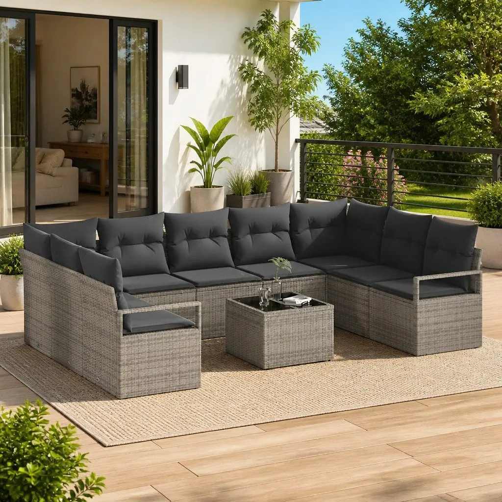 10-Piece Light Grey Rattan Outdoor Sofa Set