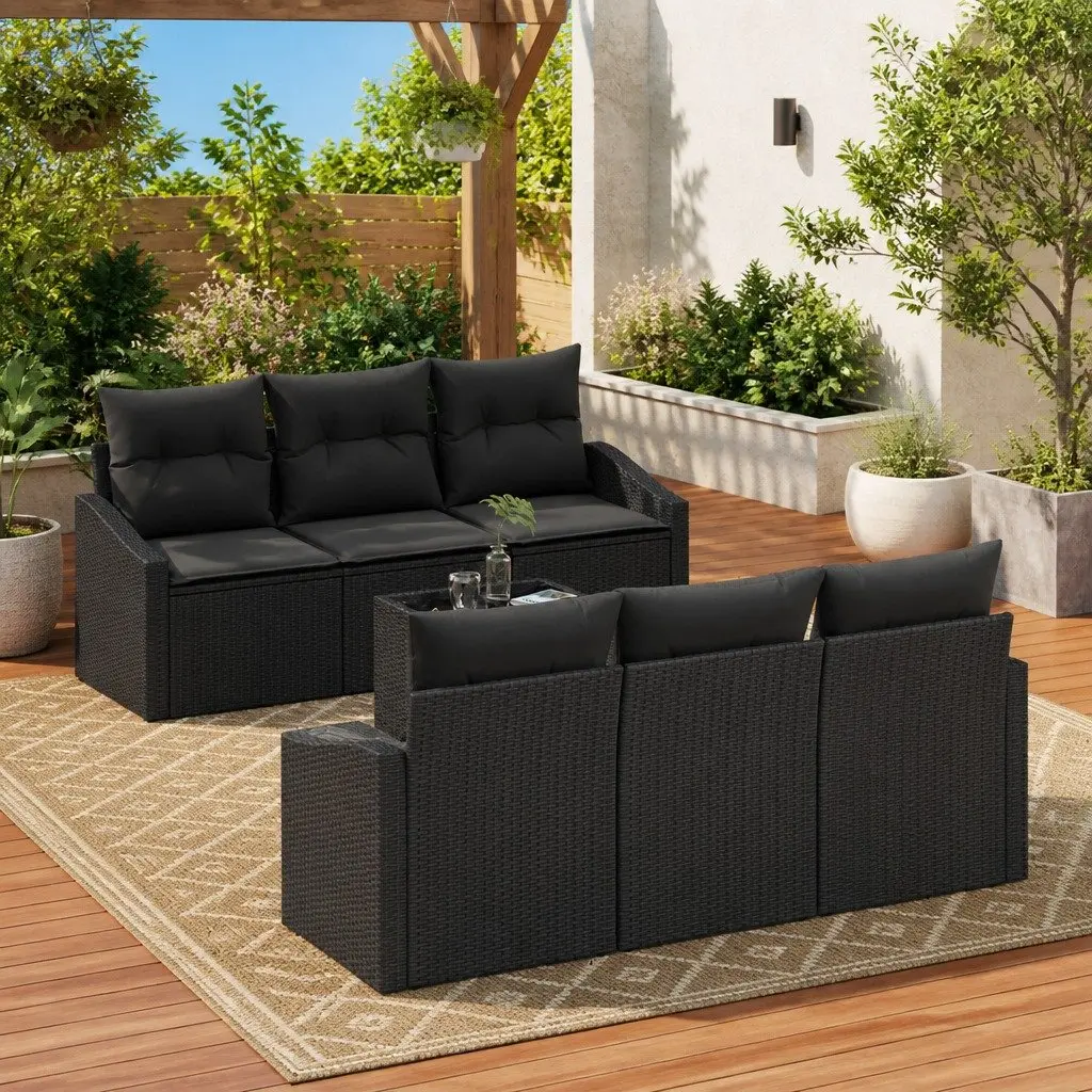 7 Piece Black Poly Rattan Outdoor Sofa Set with Storage