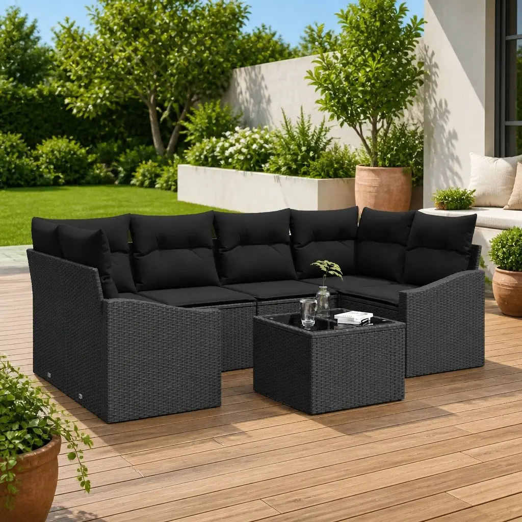 Outdoor Sofa Set 7 Piece Modular Garden Seating Black Poly Rattan with Storage