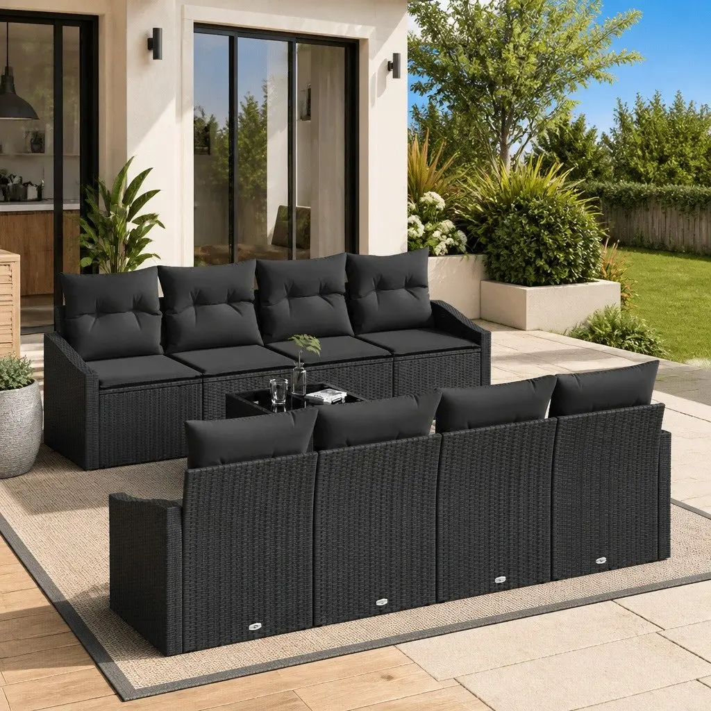 Outdoor Sofa Set Poly Rattan 7 Pieces Black Garden Furniture with Storage
