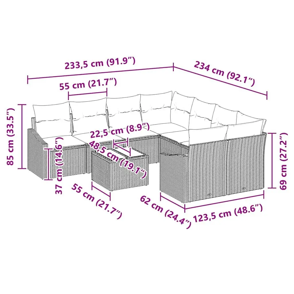 Outdoor Sofa Set 9 Pieces Grey Poly Rattan Garden Furniture Modular Seating