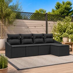 5-Piece Black Poly Rattan Outdoor Sofa Set with Storage